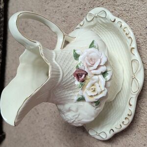 Vintage Bisque Porcelain Pitcher With Matching Plate Antique